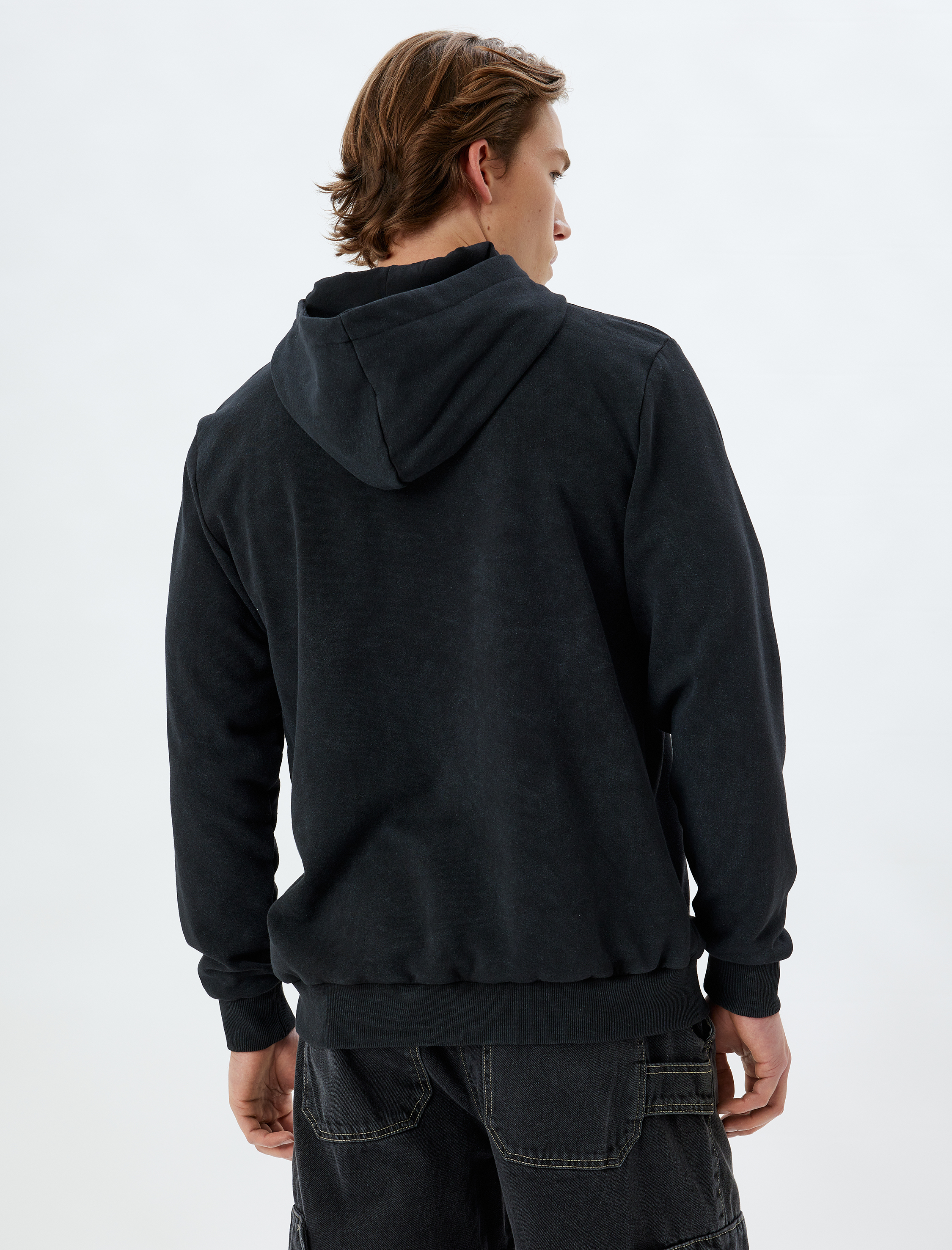   Kapşonlu Sweatshirt Slogan İşlemeli Basic Yıkamalı Pamuk Karışımlı