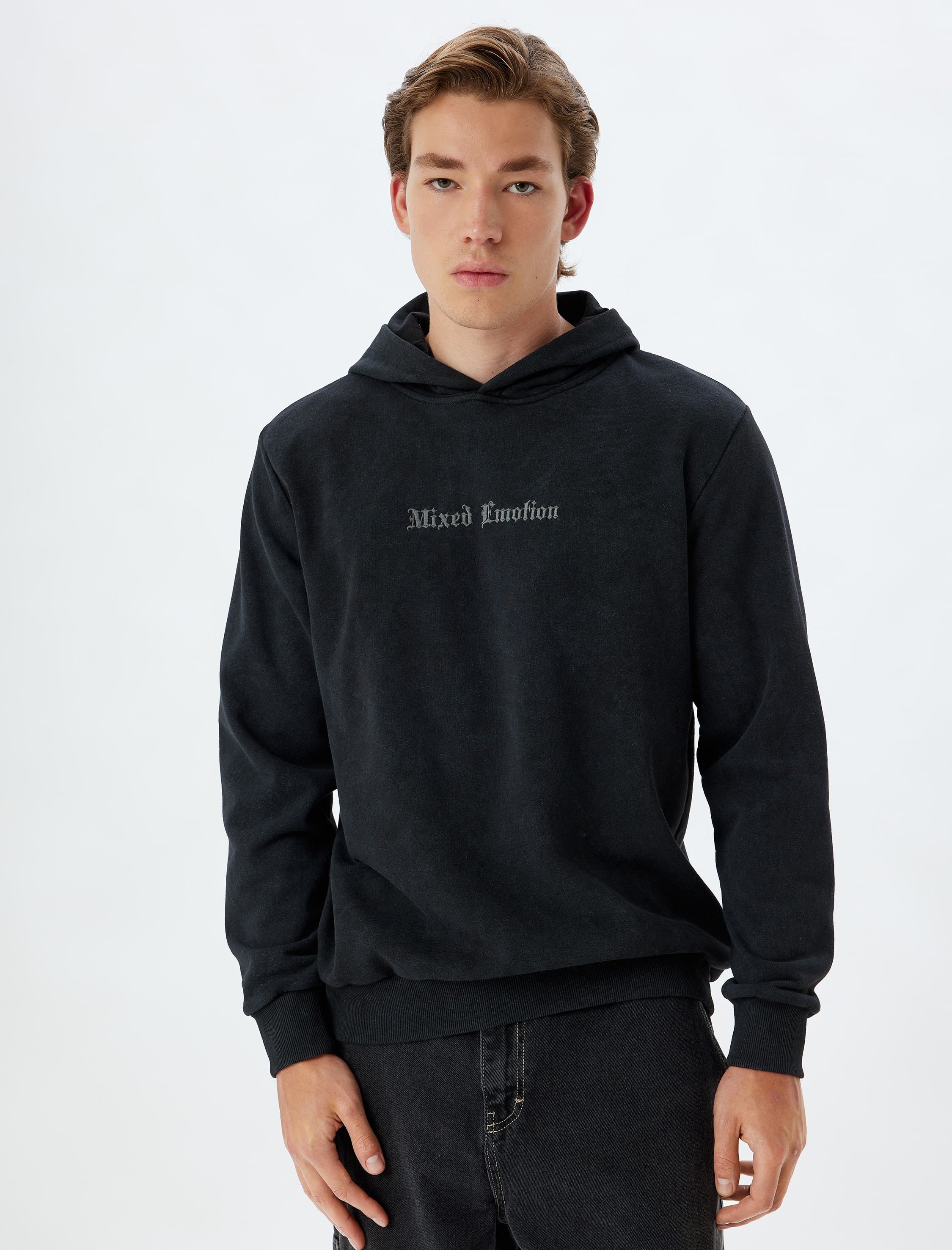   Kapşonlu Sweatshirt Slogan İşlemeli Basic Yıkamalı Pamuk Karışımlı