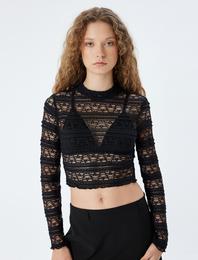 Dantel Crop Bluz Dik Yaka Uzun Kollu Slim Fit