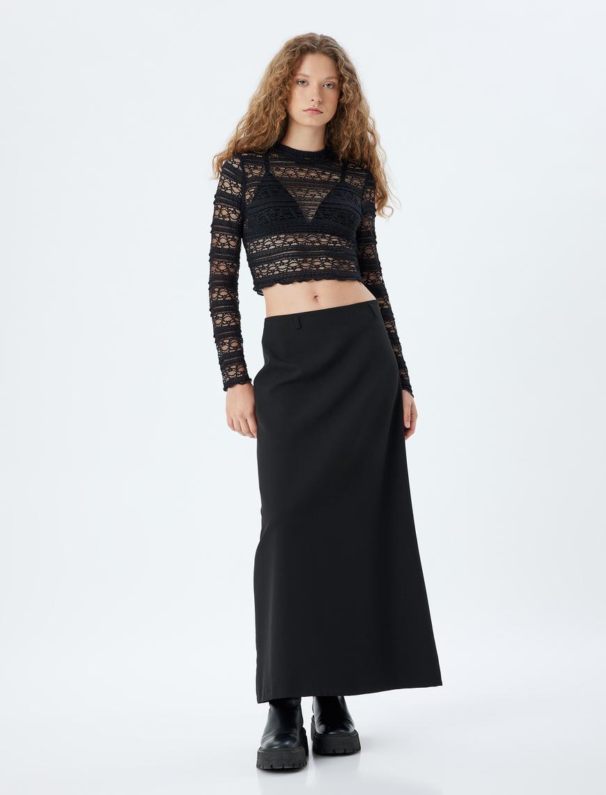   Dantel Crop Bluz Dik Yaka Uzun Kollu Slim Fit