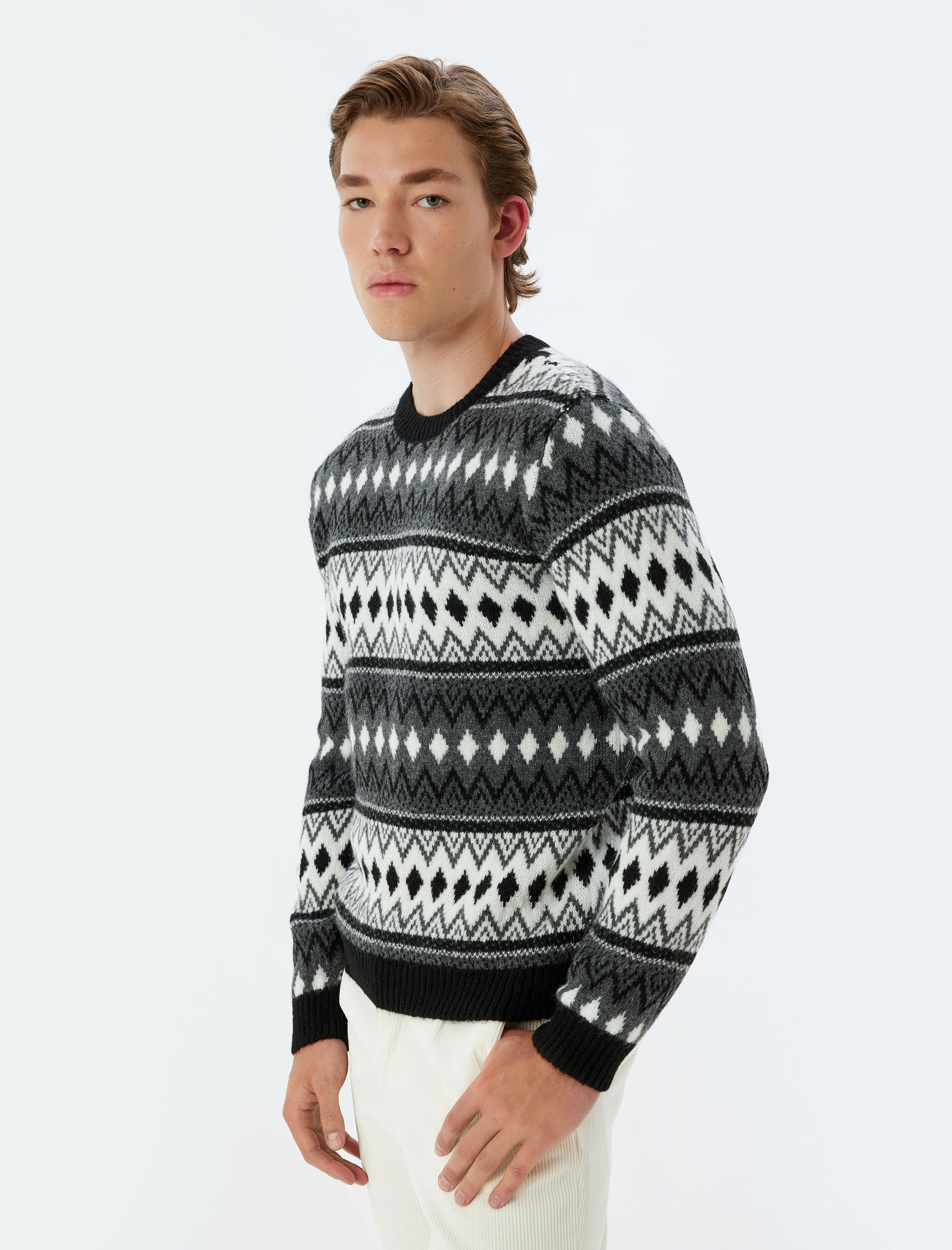   Kışlık Triko Kazak Bisiklet Yaka Desenli Uzun Kollu