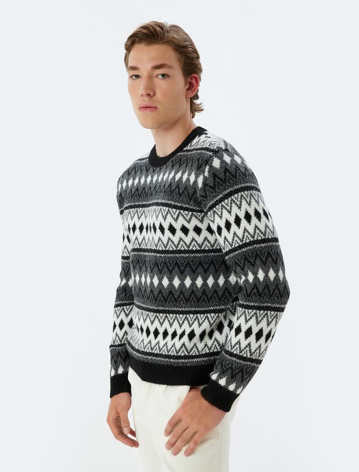  Triko Kazak Bisiklet Yaka Desenli Uzun Kollu