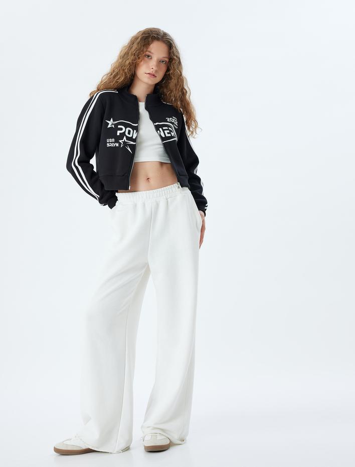  Crop Fermuarlı Sweatshirt Kolej Baskılı Dik Yaka Şardonlu