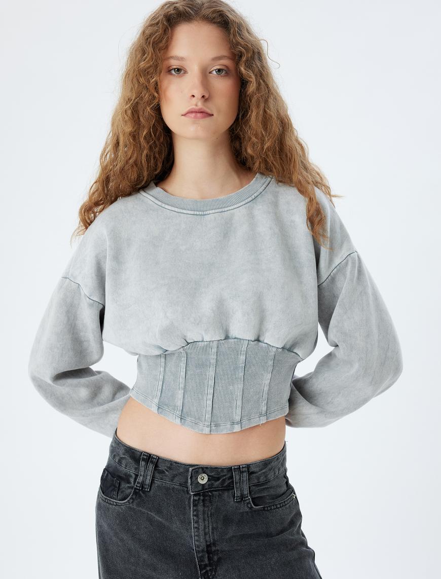   Crop Sweat Korse Detaylı Bisiklet Yaka Yıkamalı Slim Fit