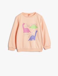 Dinozorlu Sweatshirt Bisiklet Yaka Uzun Kollu