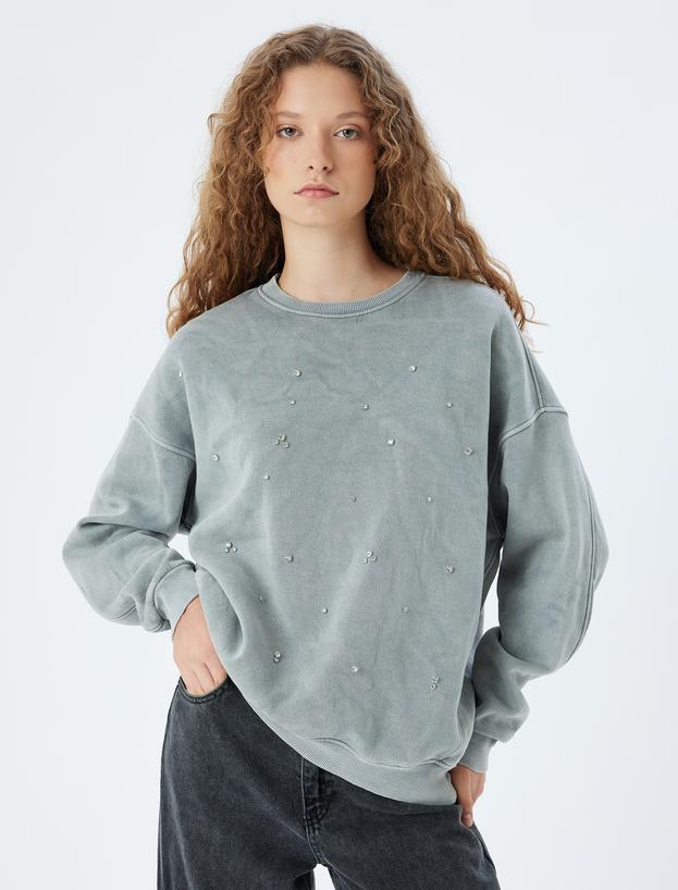 Oversize Sweatshirt Bisiklet Yaka Taş Detaylı Yıkamalı_2