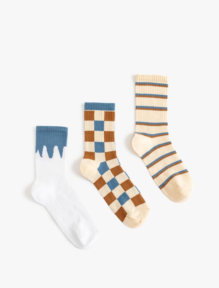Kadın 3'lü Soket Çorap Seti Geometrik Desenli Çok Renkli
