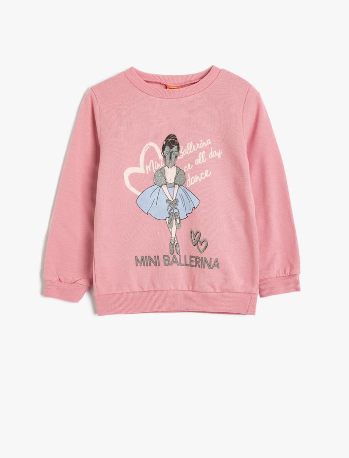 Kız Bebek Sweatshirt Balerin Baskılı Sim Detaylı Bisiklet Yaka Uzun Kollu