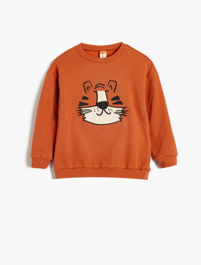 Erkek Bebek Kaplan Baskılı Sweatshirt Uzun Kollu Bisiklet Yaka