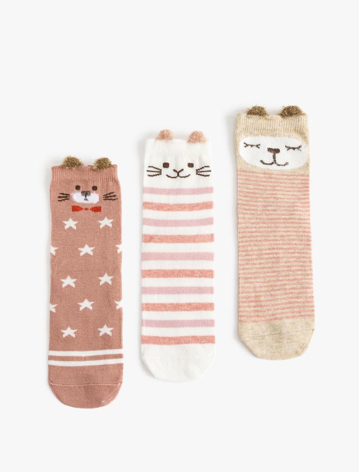 Kız Çocuk 3’lü Çorap Seti Kedi Desenli