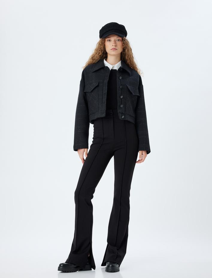  İspanyol Paça Pantolon Nervürlü Düğmeli İnterlok Çelik Kumaş Slim Fit