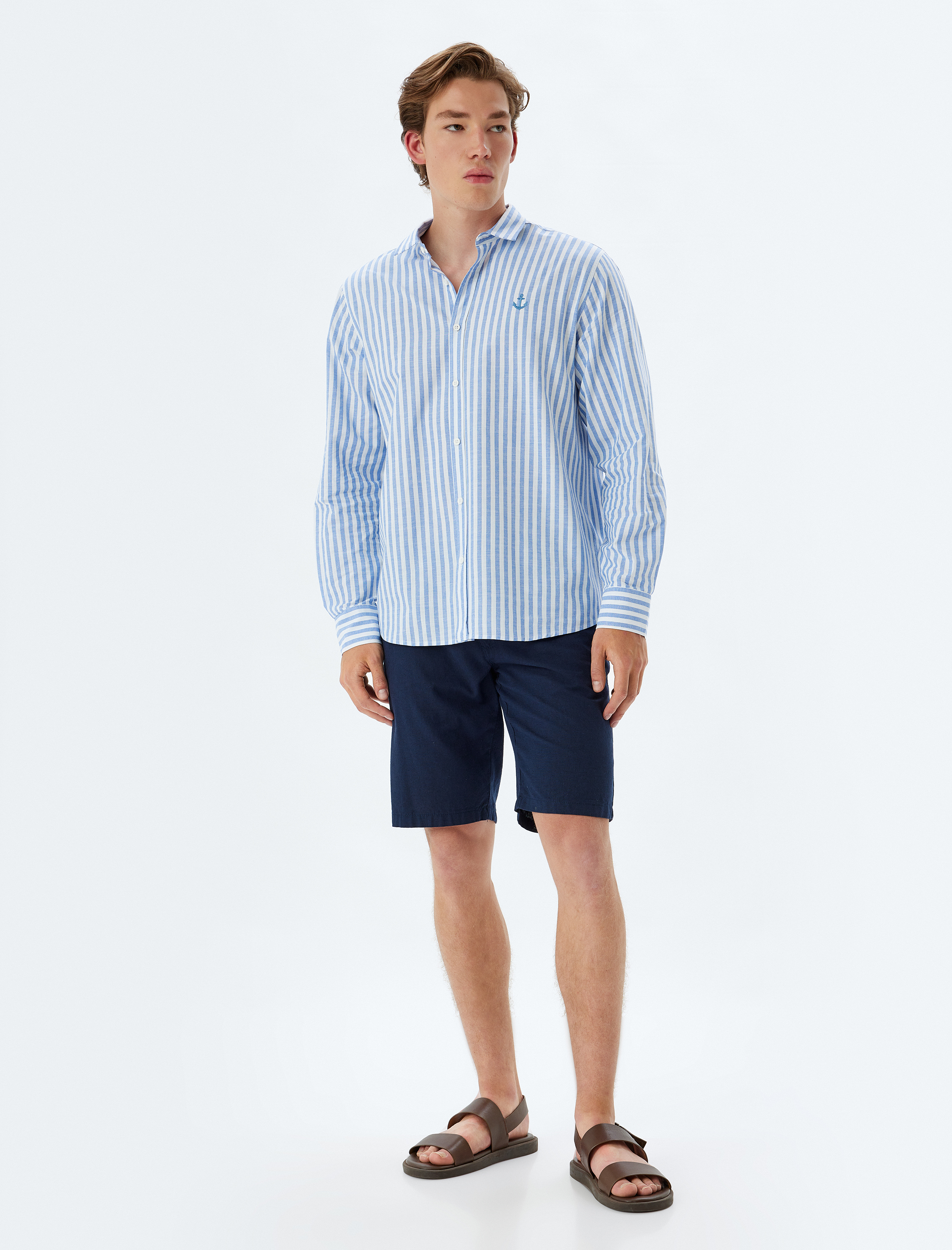   Uzun Kollu Gömlek Çapa İşlemeli Pamuklu Regular Fit