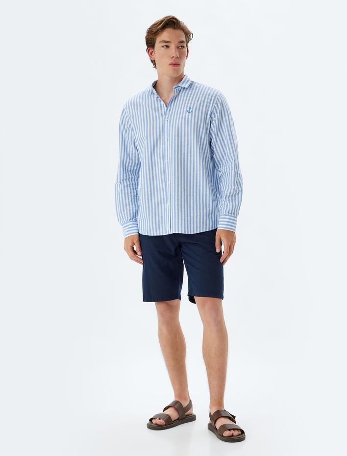  Uzun Kollu Gömlek Çapa İşlemeli Pamuklu Regular Fit