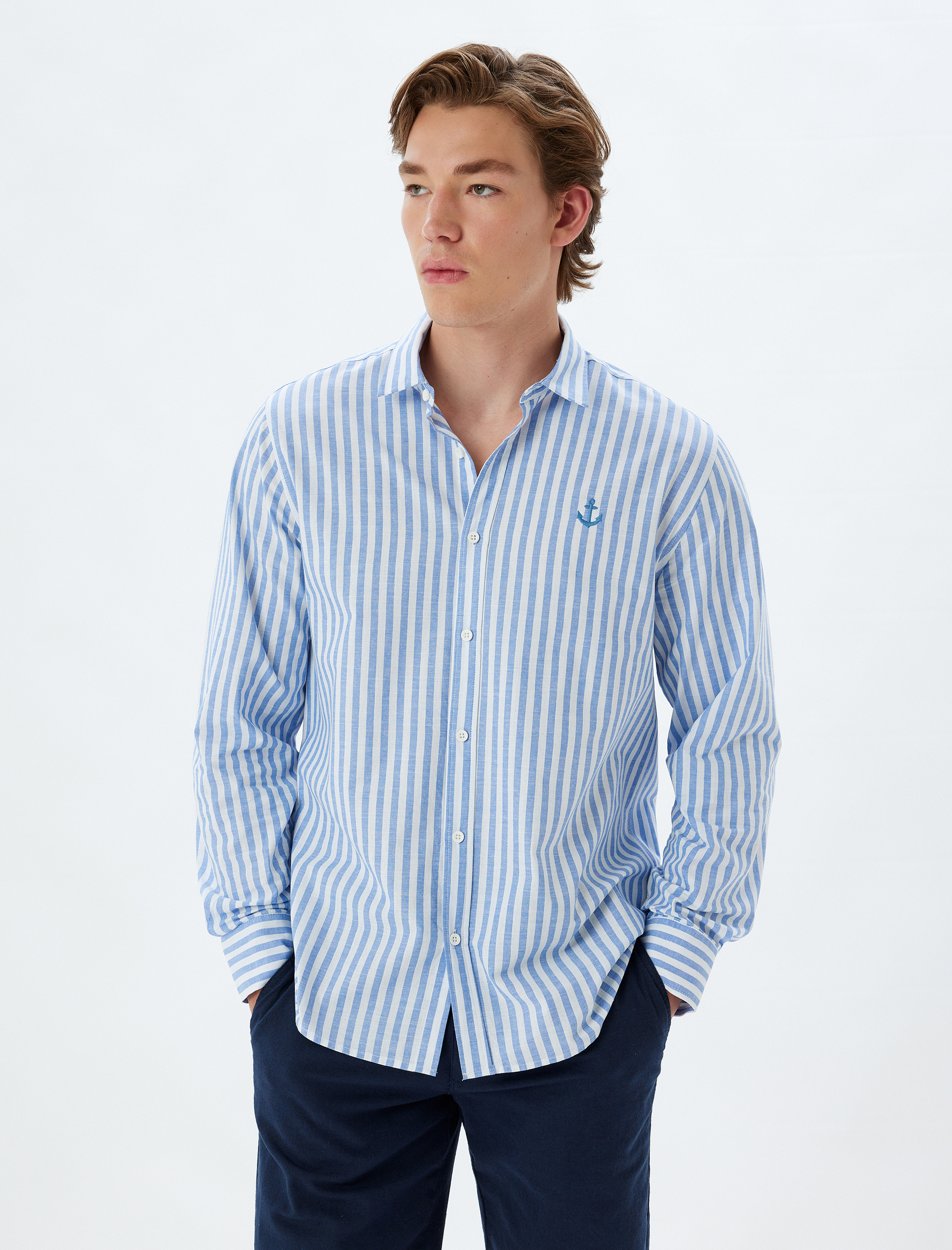   Uzun Kollu Gömlek Çapa İşlemeli Pamuklu Regular Fit