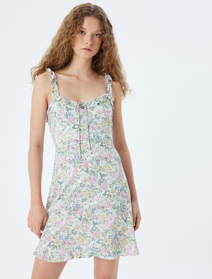  Çiçekli Mini Elbise Askılı Fırfırlı Astarlı Viskoz Kumaş Fiyonk Detaylı