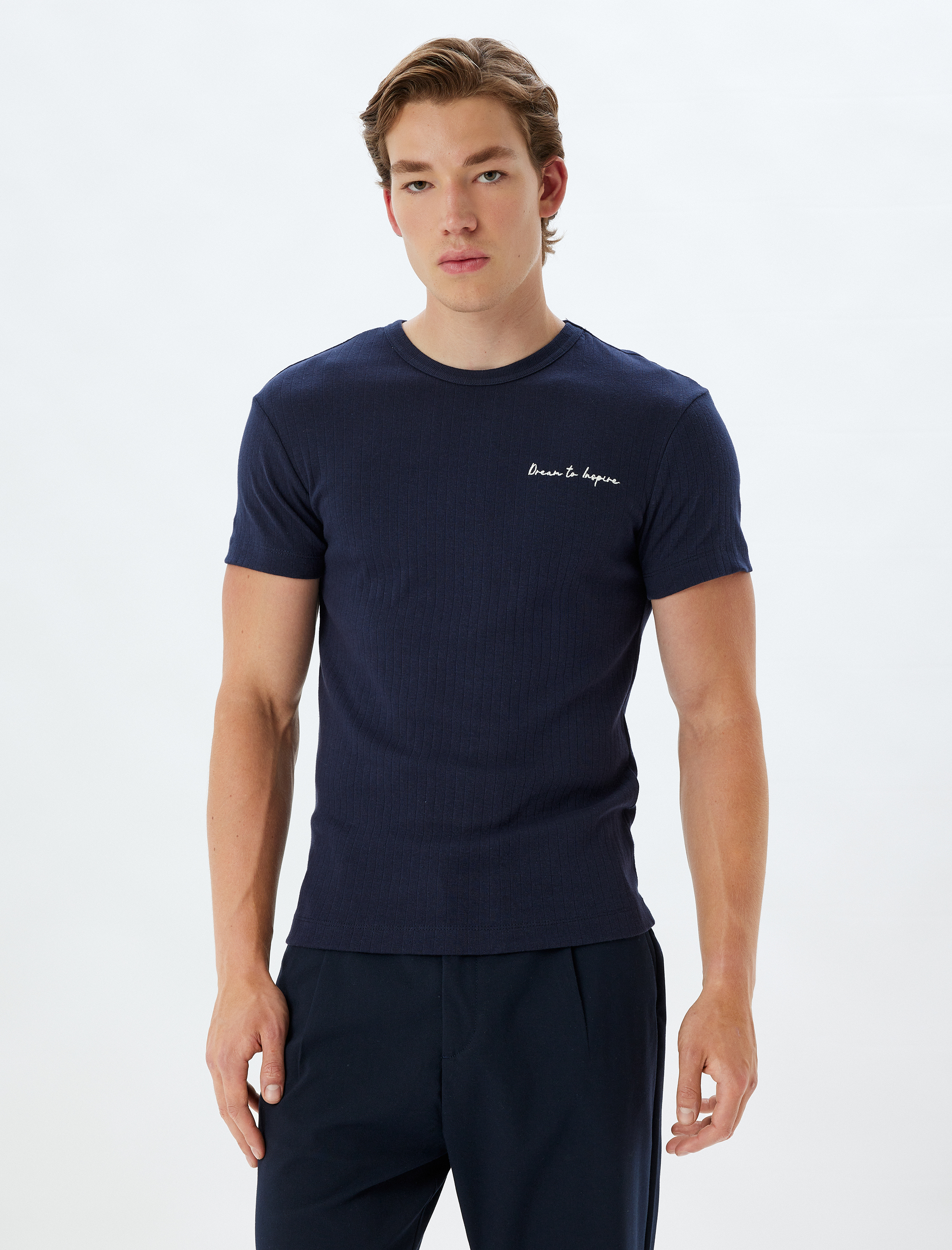   Slogan Baskılı Pamuklu Bisiklet Yaka Kısa Kollu Slim Fit Tişört