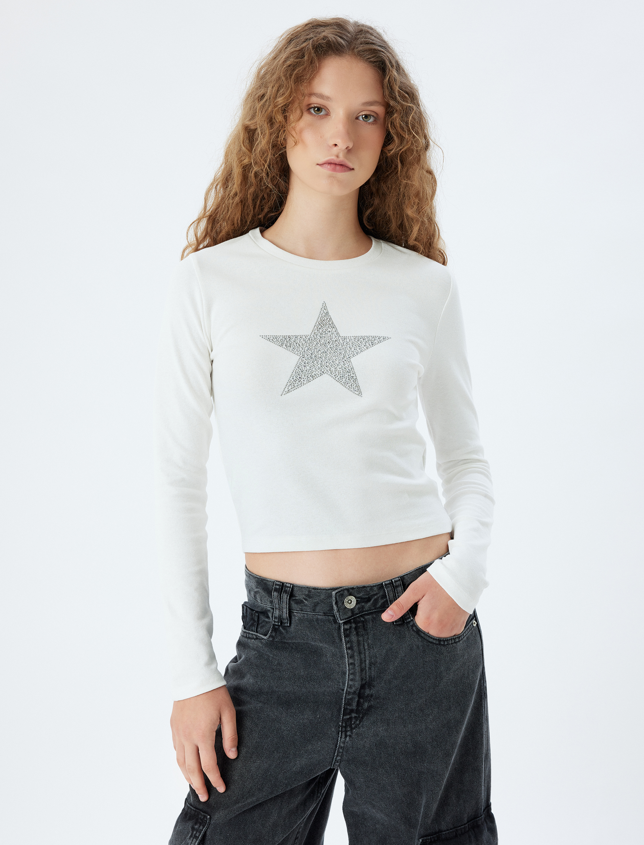   Uzun Kollu Tişört Yıldız İşlemeli Bisiklet Yaka Slim Fit