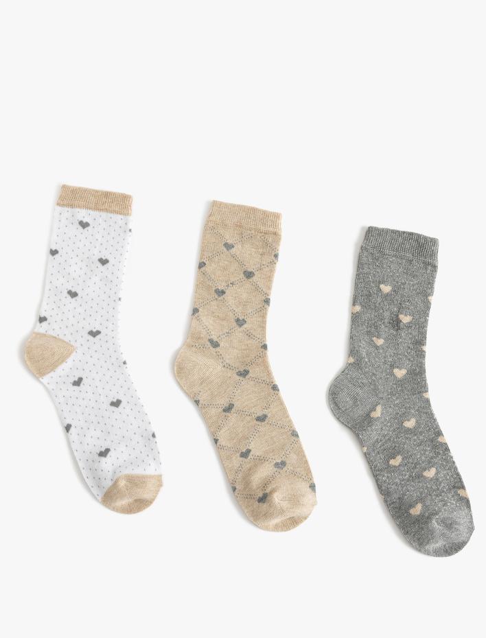 Kadın 3'lü Soket Çorap Seti Kalp Desenli Çok Renkli