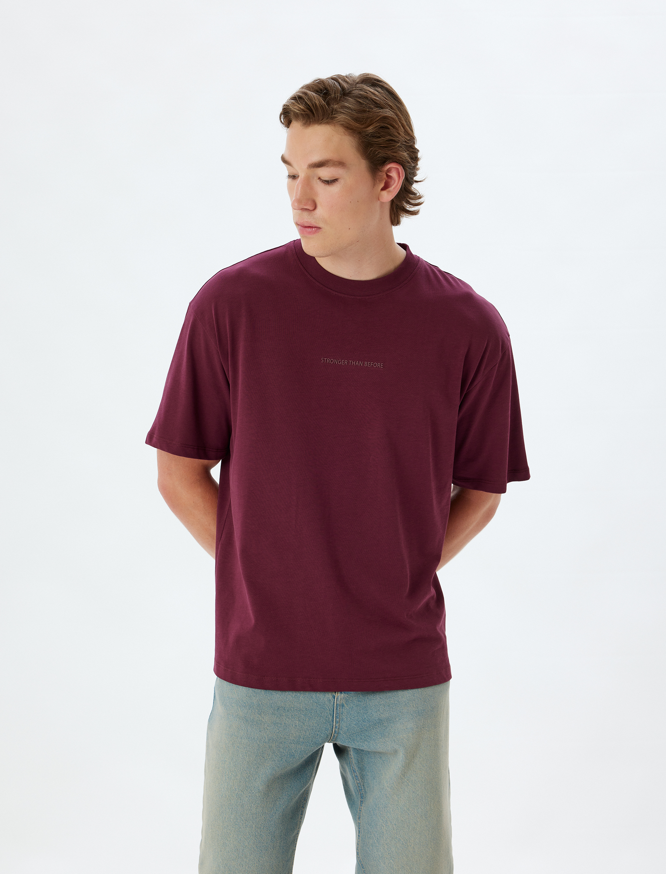   Slogan Baskılı Pamuklu Bisiklet Yaka Kısa Kollu Oversize Tişört