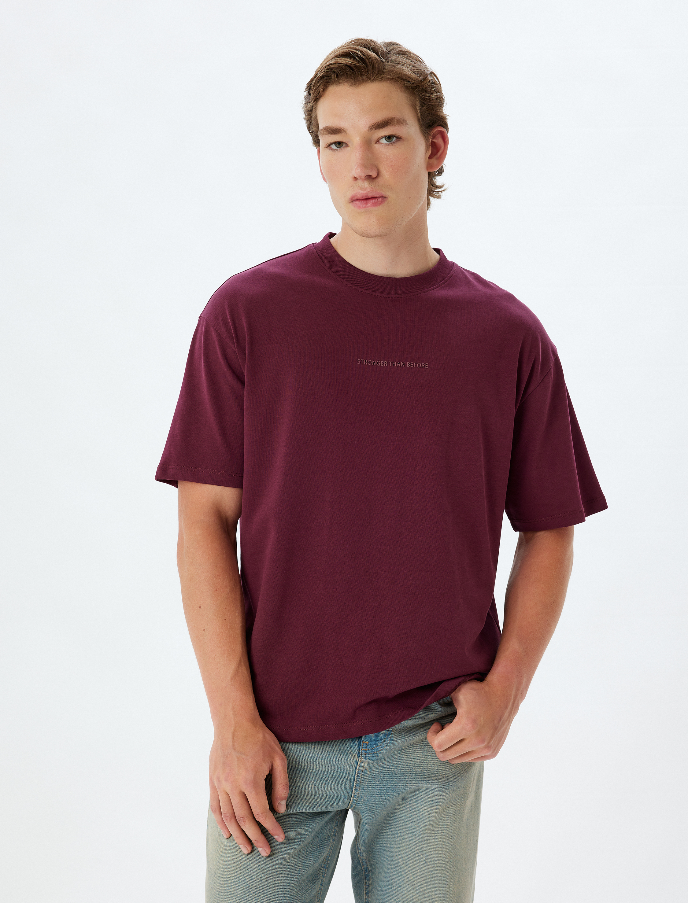   Slogan Baskılı Pamuklu Bisiklet Yaka Kısa Kollu Oversize Tişört