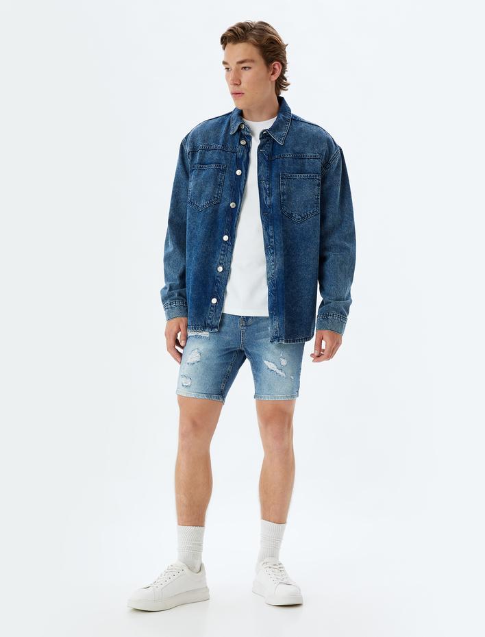  Slim Fit Kot Şort Bermuda Cepli Yıpratma Detaylı Pamuklu