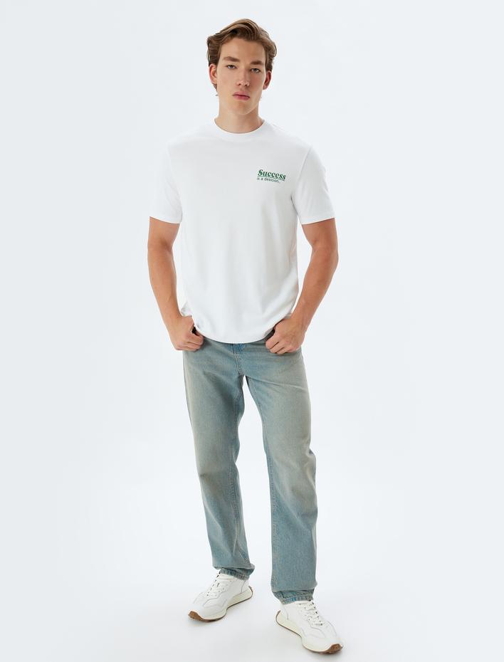  Bisiklet Yaka Kısa Kollu Pamuklu Slogan Baskılı Tişört