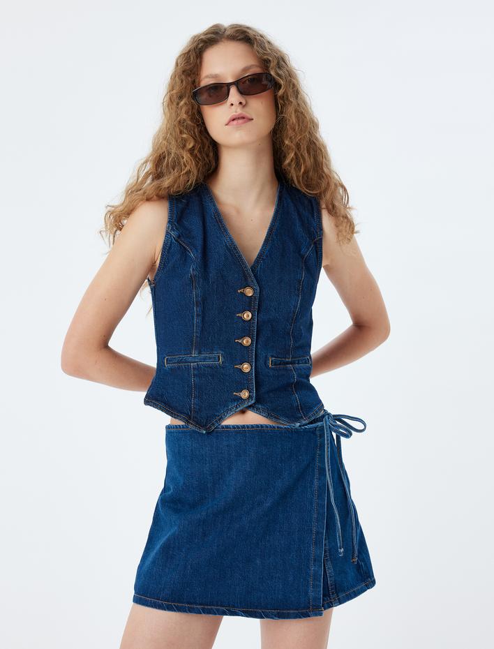  Mini Kot Şort Etek Bağlama Detaylı Rahat Kalıp Pamuklu