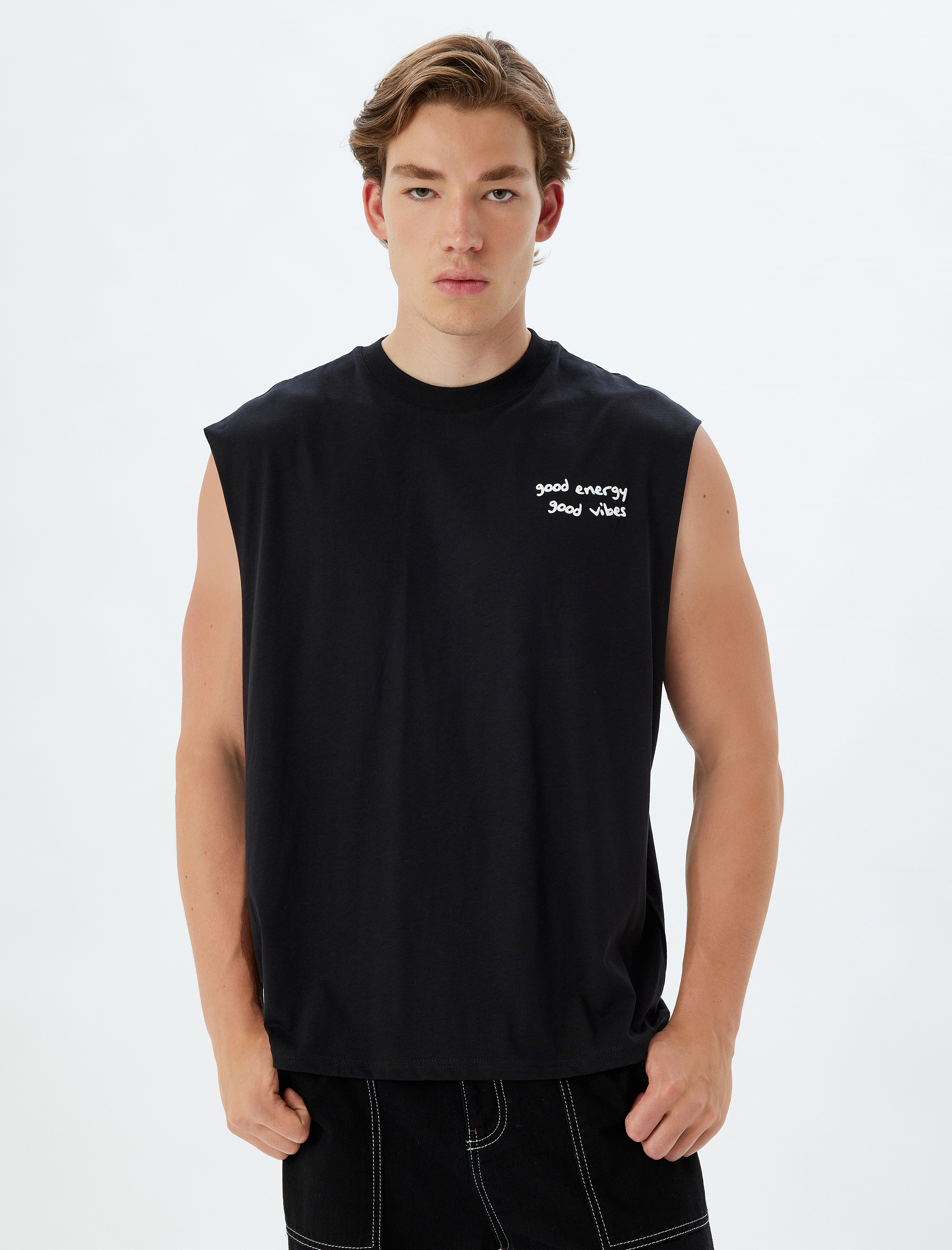   Slogan Baskılı Atlet Bisiklet Yaka Kolsuz Pamuklu