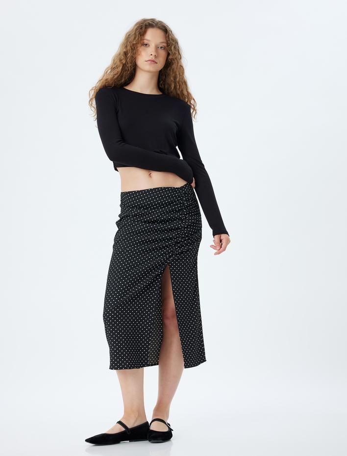  Midi Yırtmaçlı Puantiyeli Drapeli Yüksek Bel Slim Fit Etek Bürümcük