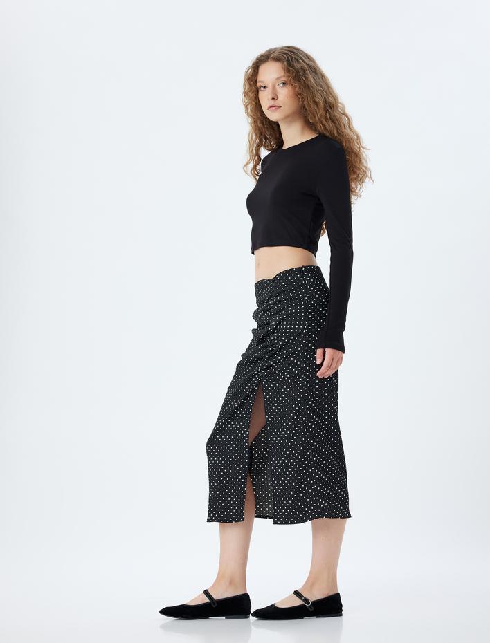  Midi Yırtmaçlı Puantiyeli Drapeli Yüksek Bel Slim Fit Etek Bürümcük