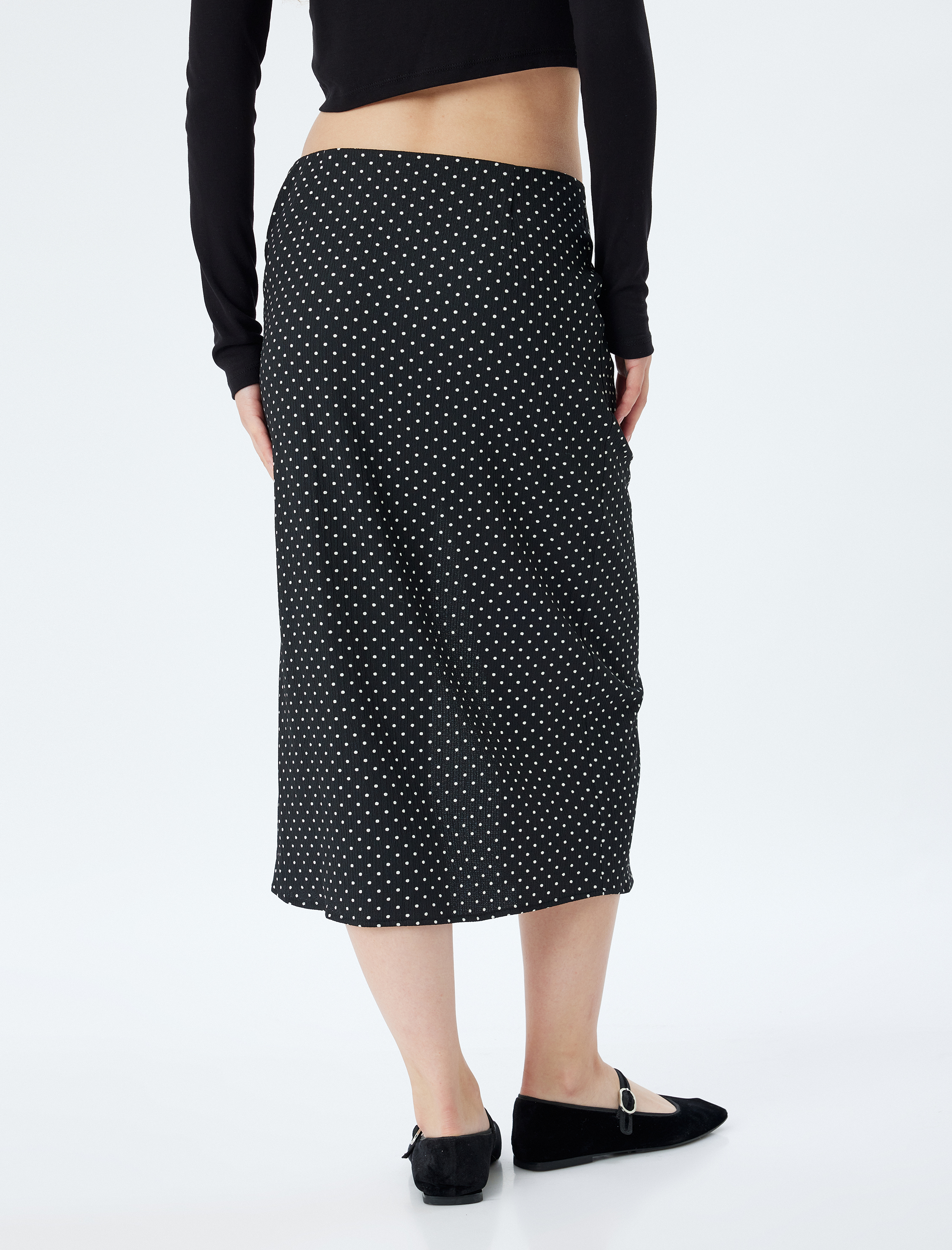   Midi Yırtmaçlı Puantiyeli Drapeli Yüksek Bel Slim Fit Etek Bürümcük