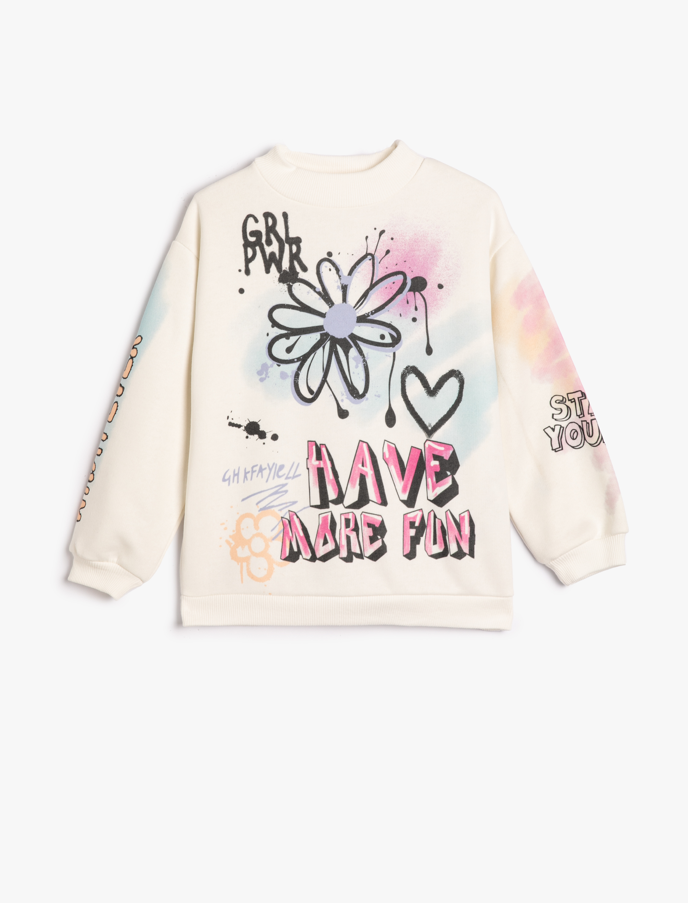  Kız Çocuk Sweatshirt Dik Yuvarlak Yaka Grafiti Baskılı Uzun Kollu Şardonlu