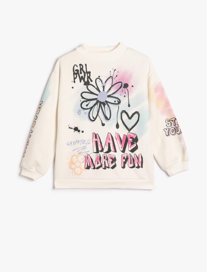 Kız Çocuk Sweatshirt Dik Yuvarlak Yaka Grafiti Baskılı Uzun Kollu Şardonlu