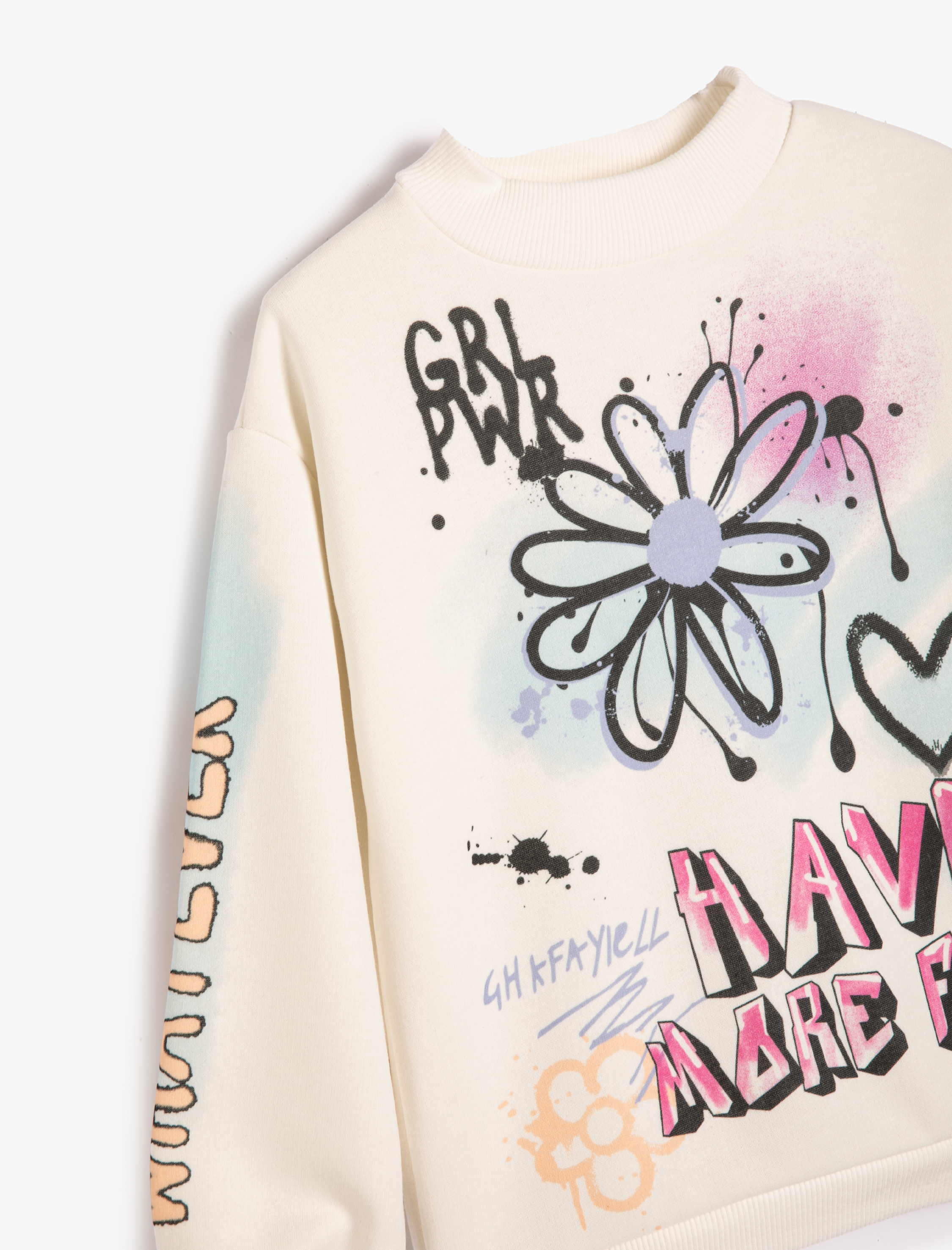  Kız Çocuk Sweatshirt Dik Yuvarlak Yaka Grafiti Baskılı Uzun Kollu Şardonlu