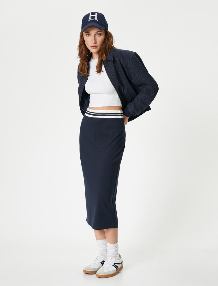  Midi Kalem Etek Beli Lastikli Renk Kontrastlı Yırtmaçlı Slim Fit