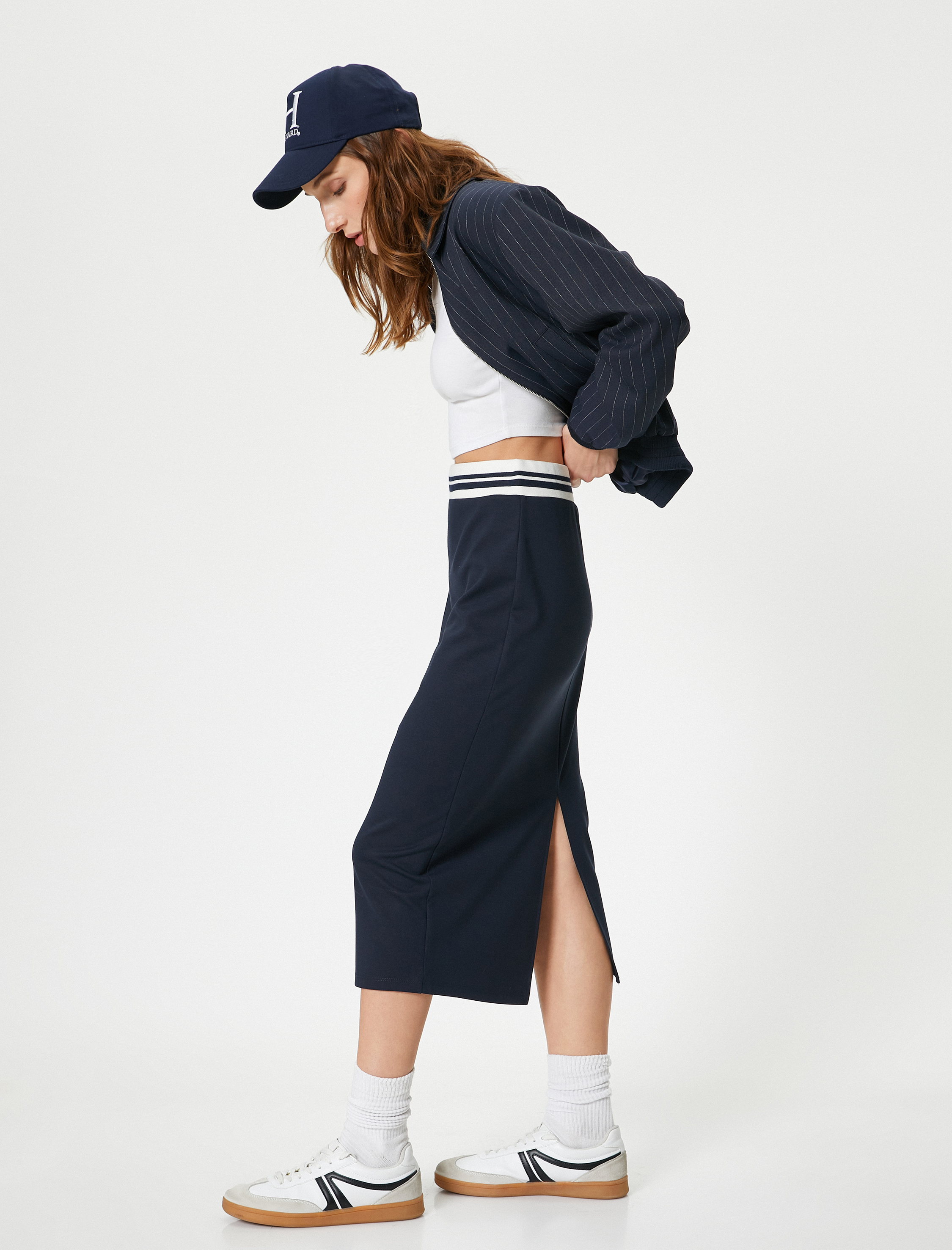 Koton Kadın Midi Kalem Etek Beli Lastikli Renk Kontrastlı Yırtmaçlı Slim Fit -1