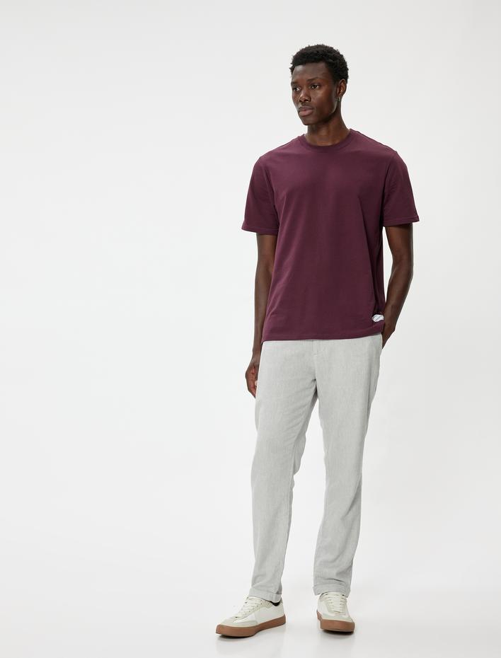  Pamuklu Bisiklet Yaka Etiket Detaylı Kısa Kollu Basic Tişört