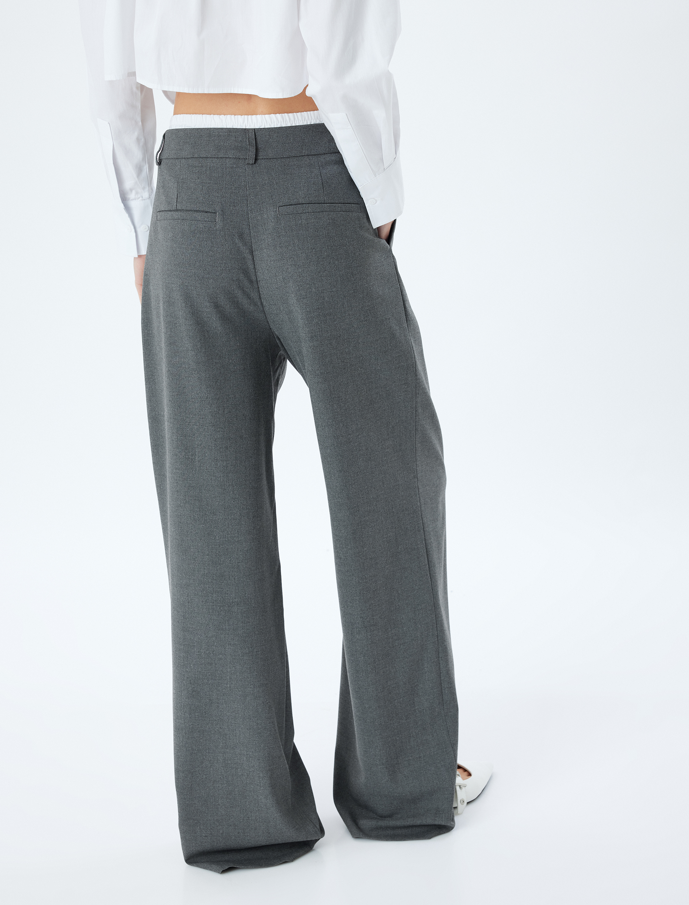   Çift Bel Detaylı Geniş Paça Baggy Kumaş Pantolon