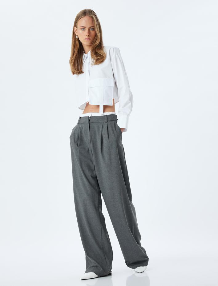  Çift Bel Detaylı Geniş Paça Baggy Kumaş Pantolon