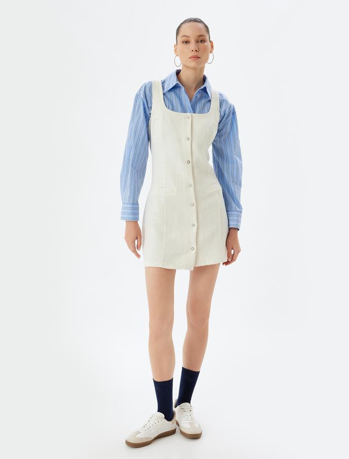  Tüvit Jile Elbise U Yaka Kalın Askılı Düğmeli Cep Detaylı Slim Fit