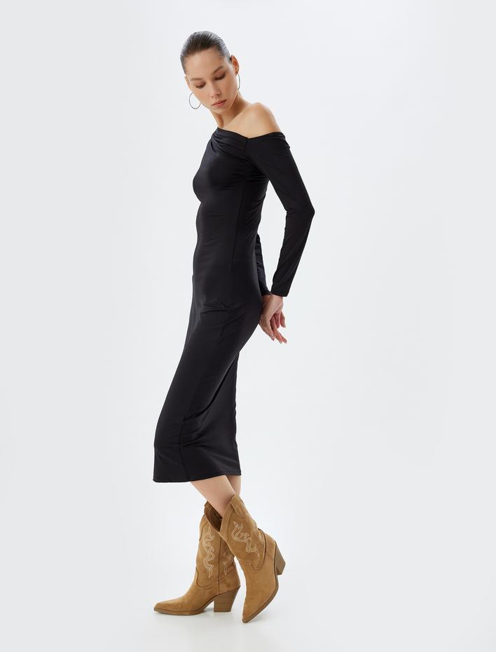  Midi Elbise Asimetrik Yaka Drapeli Slim Fit Uzun Kollu