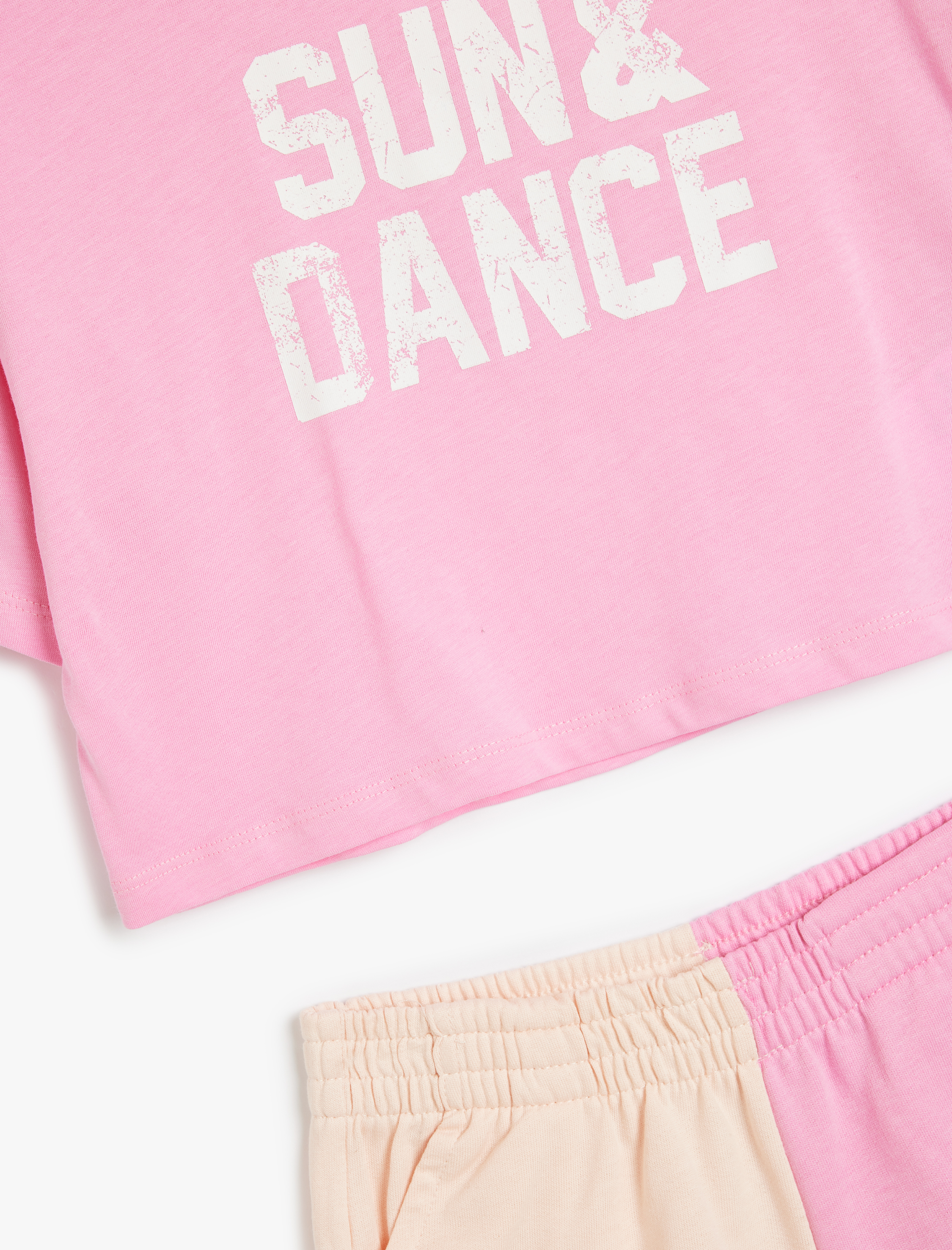  Kız Çocuk Şort Tişört Takım Baskılı Pamuklu 2 Parça Renk Bloklu