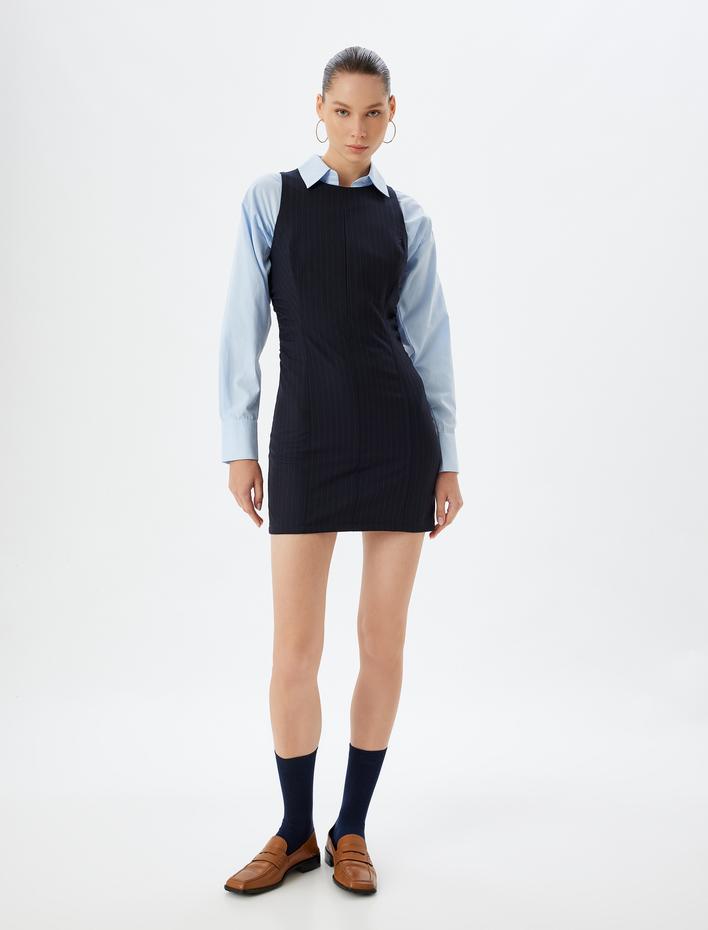  Kolsuz Elbise Bodycon Dikiş Detaylı Slim Fit Bisiklet Yaka