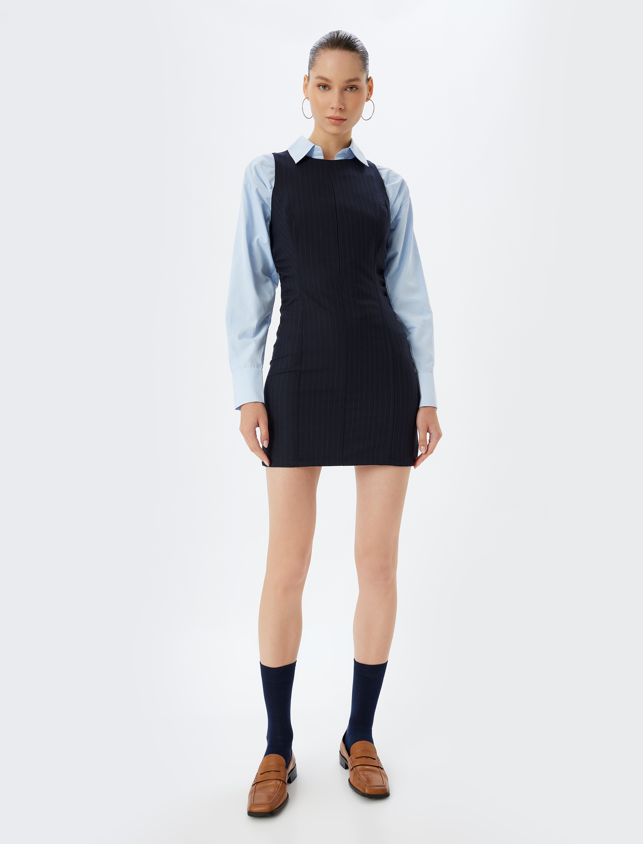 Kolsuz Elbise Bodycon Dikiş Detaylı Slim Fit Bisiklet Yaka