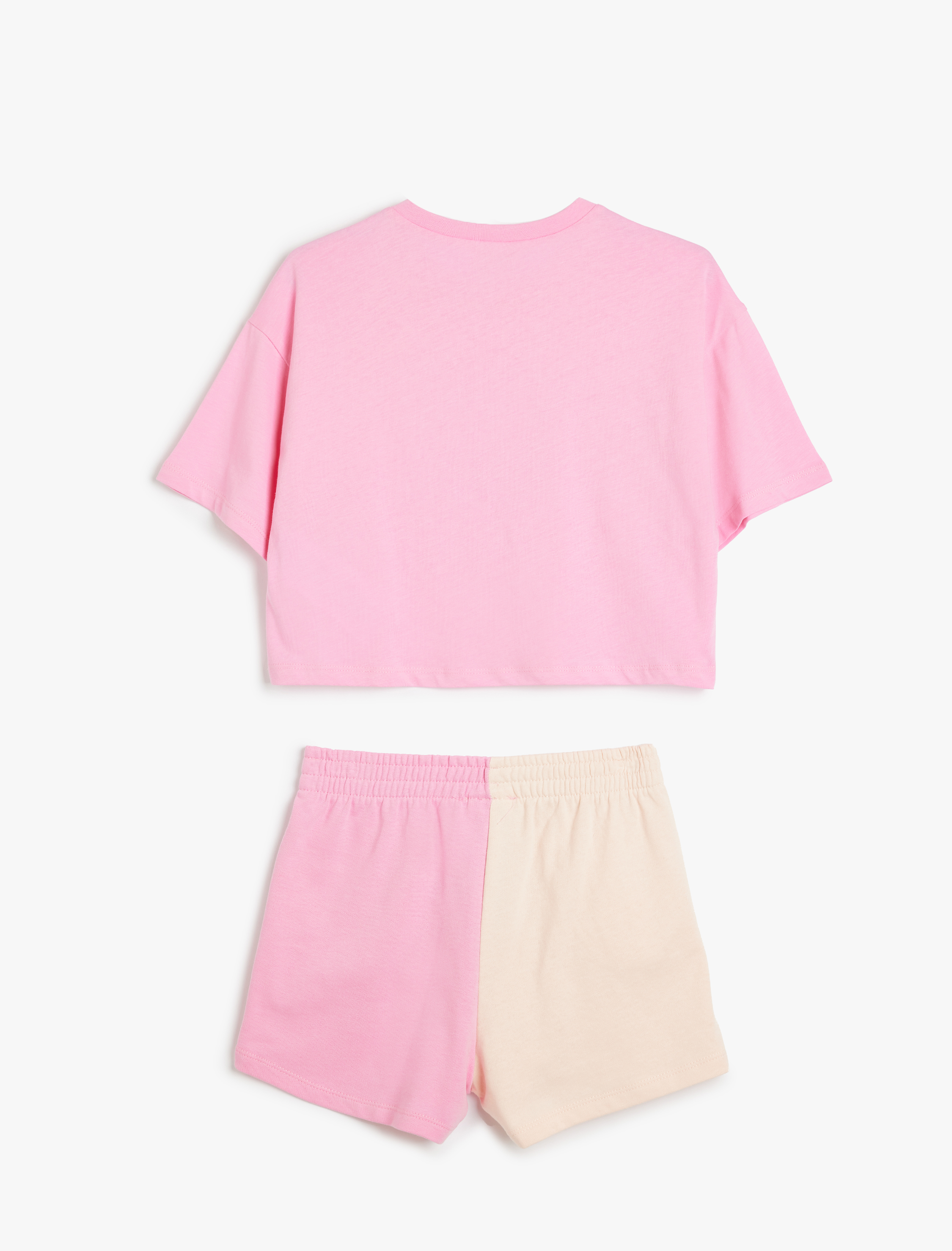  Kız Çocuk Şort Tişört Takım Baskılı Pamuklu 2 Parça Renk Bloklu