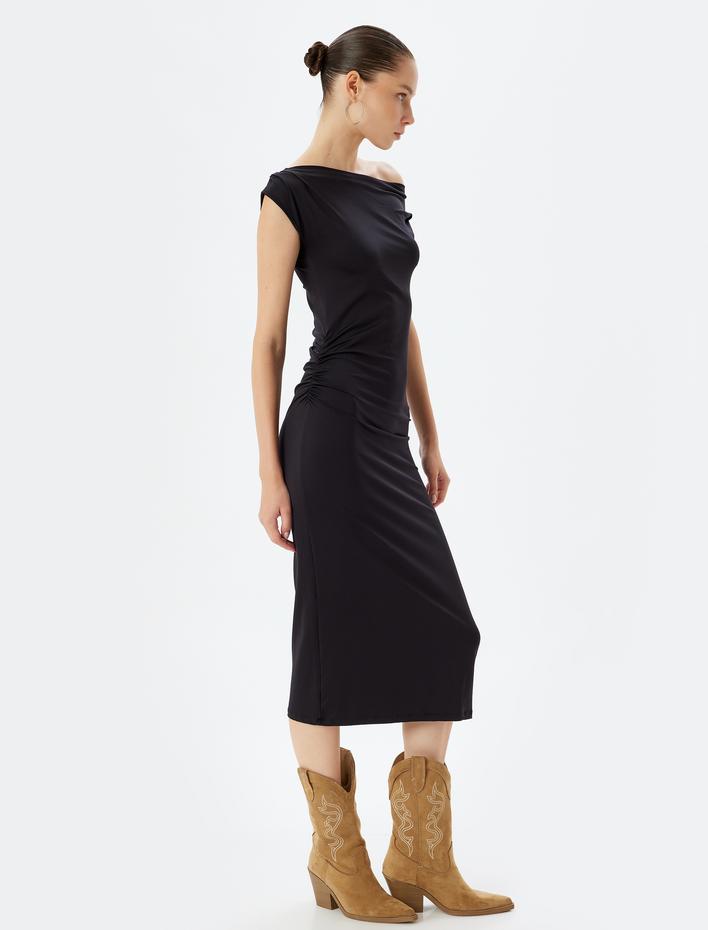  Midi Slip Elbise Asimetrik Yaka Drapeli Kolsuz Slim Fit