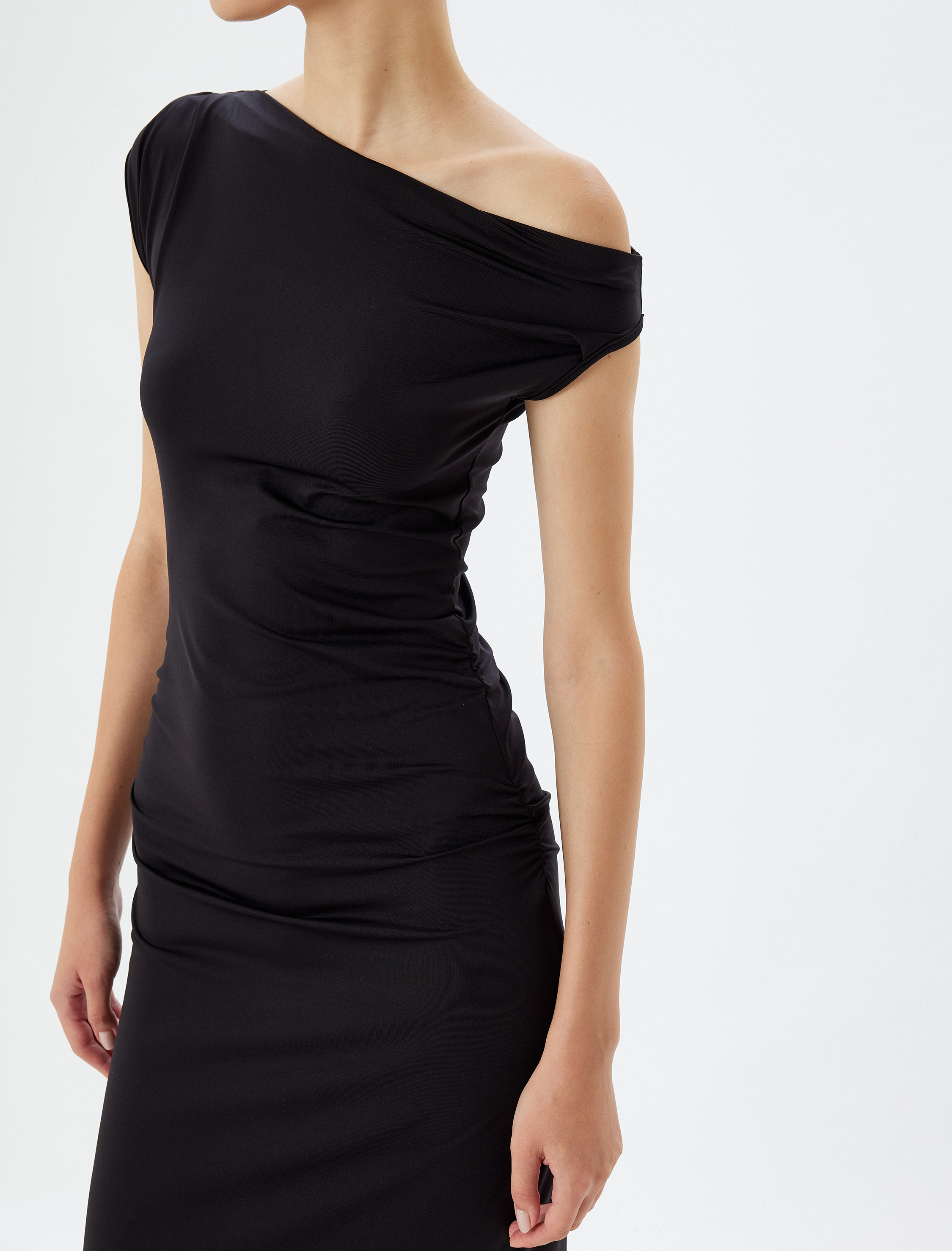   Midi Slip Elbise Asimetrik Yaka Drapeli Kolsuz Slim Fit