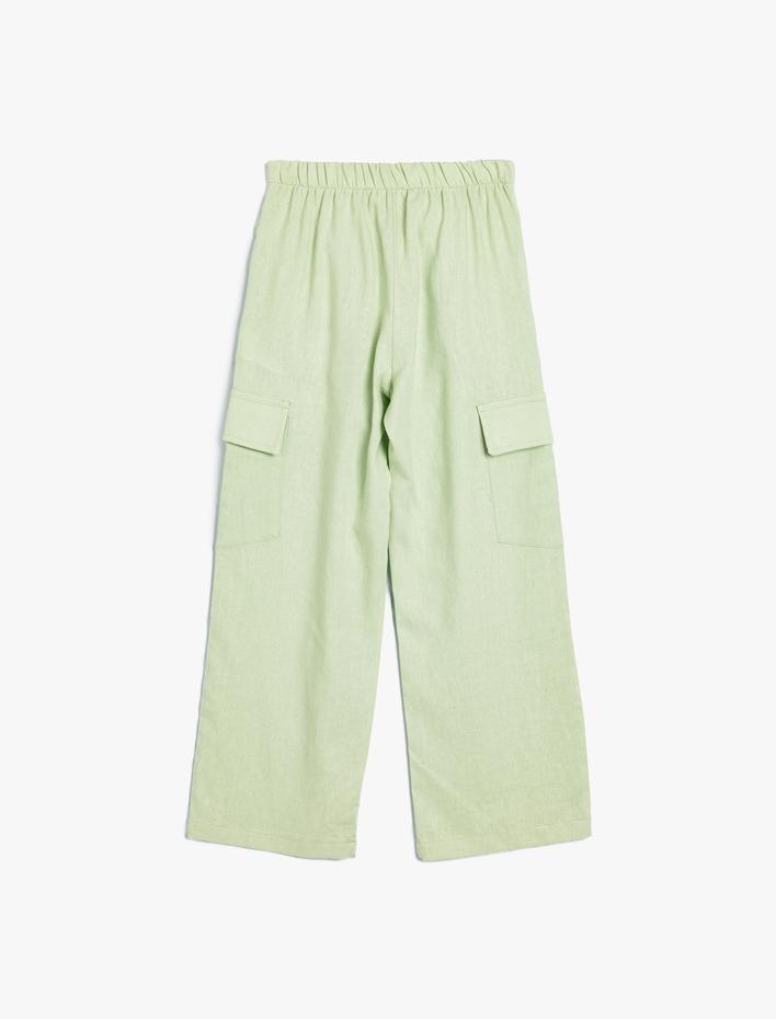 Kız Çocuk Keten Pantolon Bol Paça Kargo Cepli Beli Lastikli