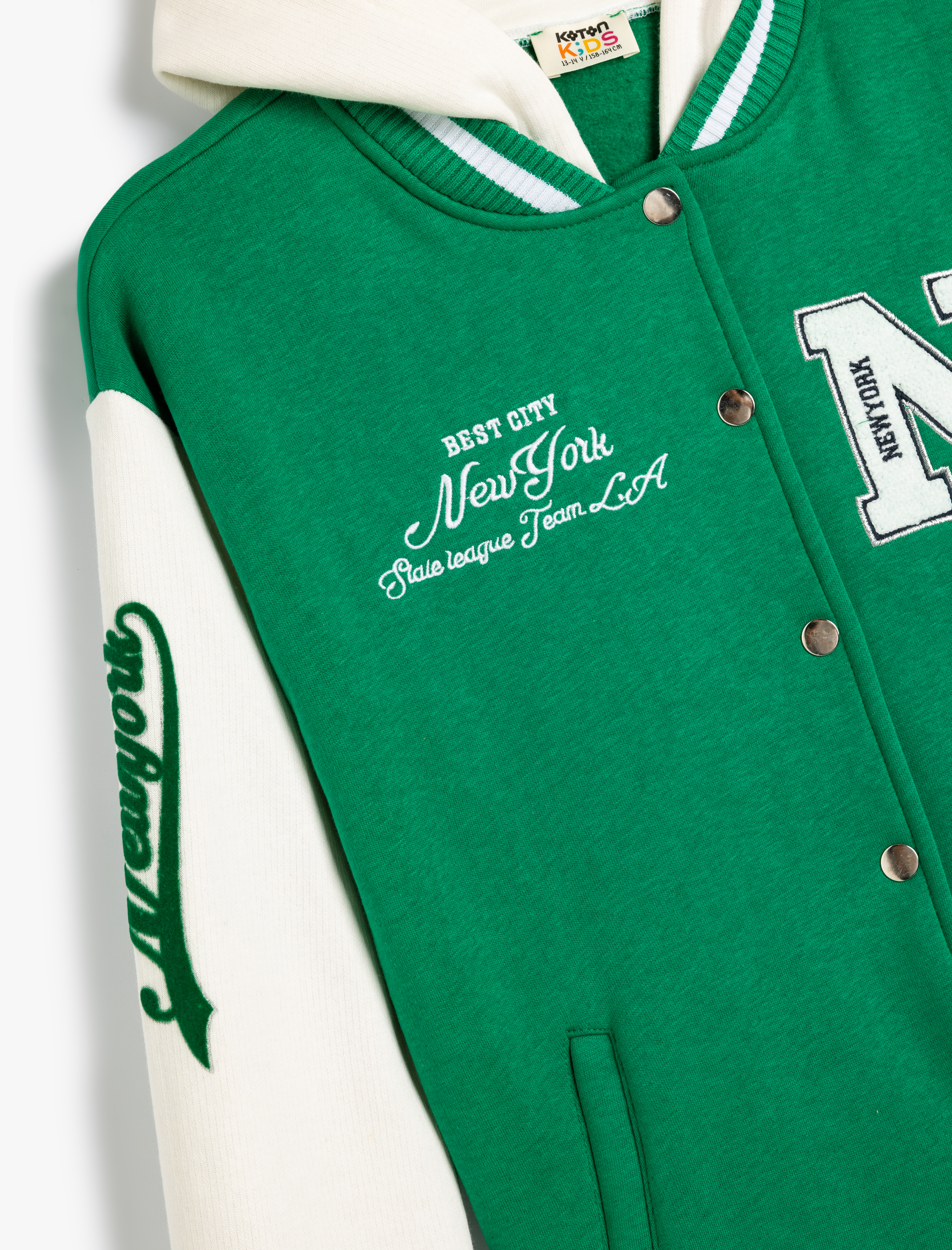  Kız Çocuk Kolej Ceket Kapşonlu Renk Kontrastlı Aplike Detaylı Çıtçıt Düğmeli Şardonlu