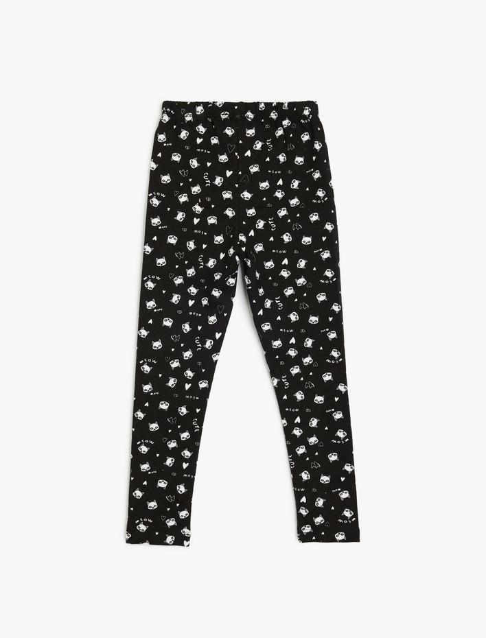 Kız Çocuk Kedi Baskılı Beli Lastikli Şardonlu Tayt